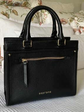 Soprano Black Leather Small Shoulder Tote Top Handle Bag Quality Pebble Leather